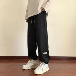 华夫格长裤男春秋港风潮牌宽松九分束脚卫裤加肥加大码休闲运动裤