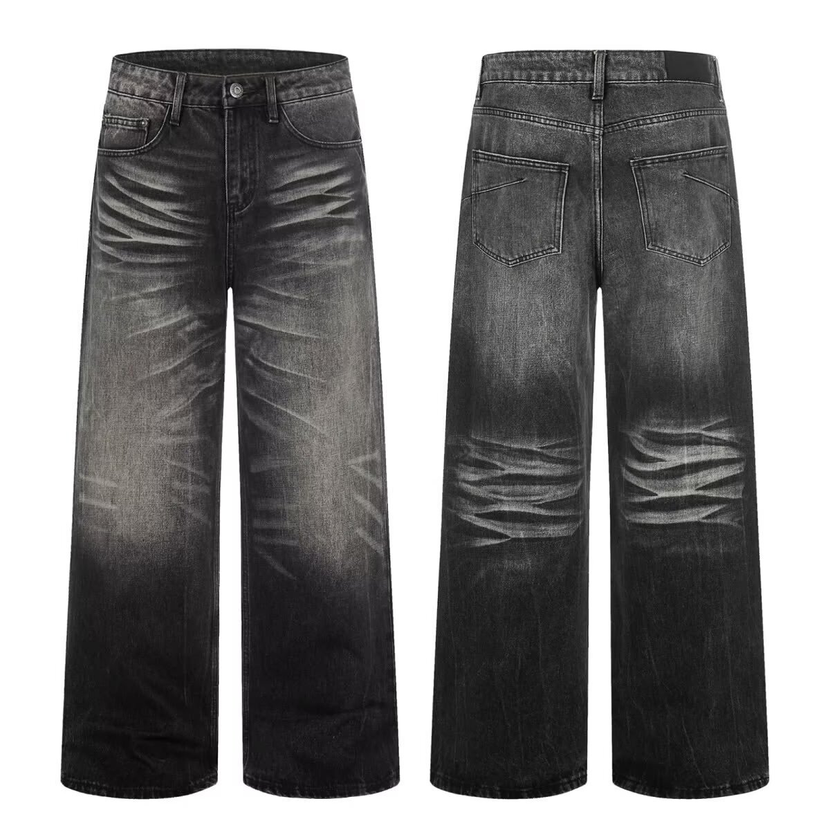Cleanfit Heavyweight Whisker Print Jeans Retro Style For Men And Women Loose Fitting Straight Leg Wide Leg Casual Pants_mkmklike.com