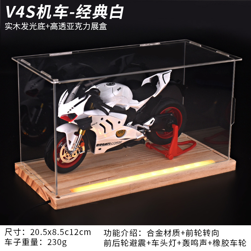 Motocicleta Ducati blanca + Caja de luz con base de madera