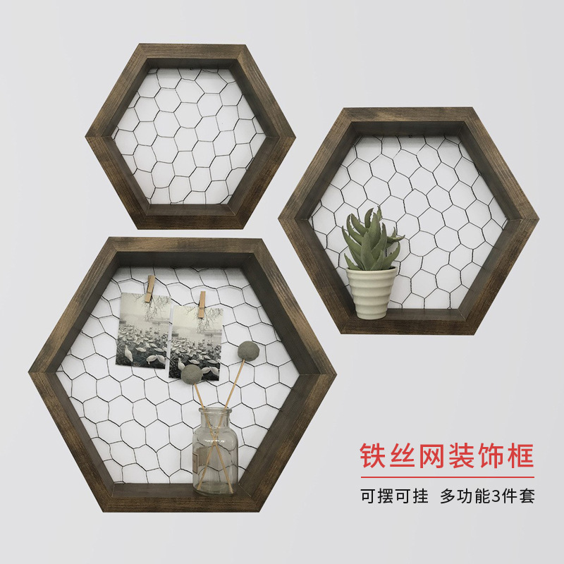 Barbed wire mesh decorative frame three-piece Amazon wooden wall hanging rack creative ornaments photo frame cross-border wholesale