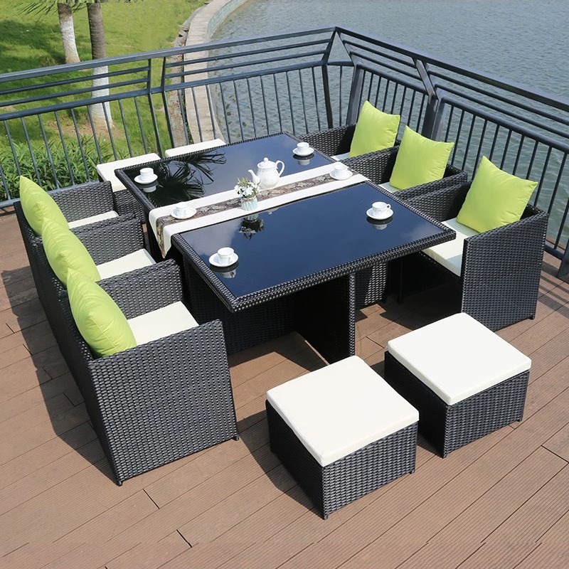 Mesa y silla al aire libre Villa patio jardín ocio silla de caña combinación impermeable al aire libre tabla de té de caña con paraguas