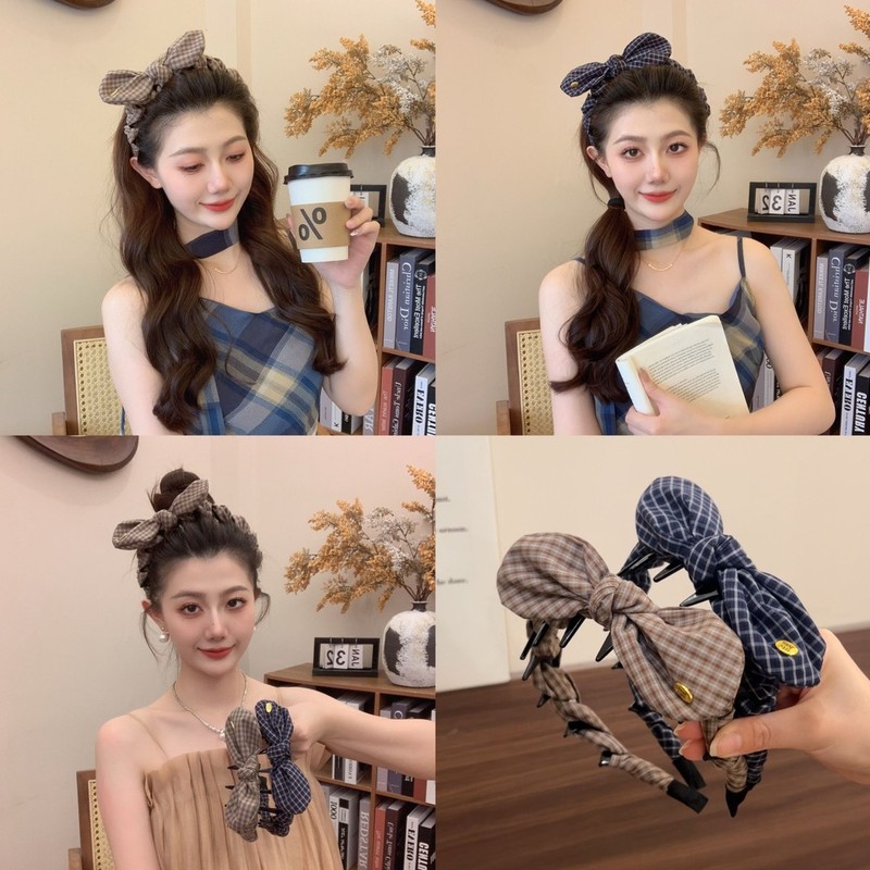 韩版简约格子裹布格纹带齿波浪发箍女百搭外出压发头箍网红发饰品|undefined