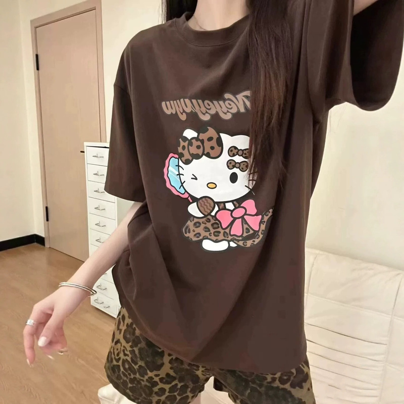 American-Style Lazy Cartoon Print Brown Short-Sleeved T-Shirt for Women, Summer 2026 New Loose Round-Neck Slimming Top