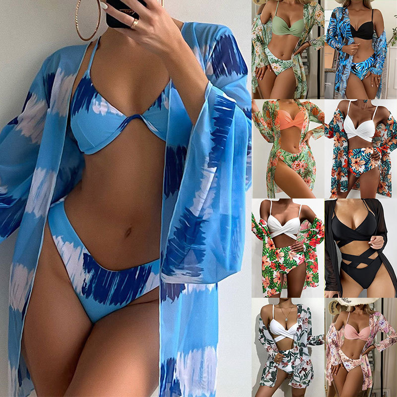 Nieuwe, bedrukte, zonwerende strandstalen driedelige set met meerkleurige cover-up, mesh bikinizwempak_voghion.com