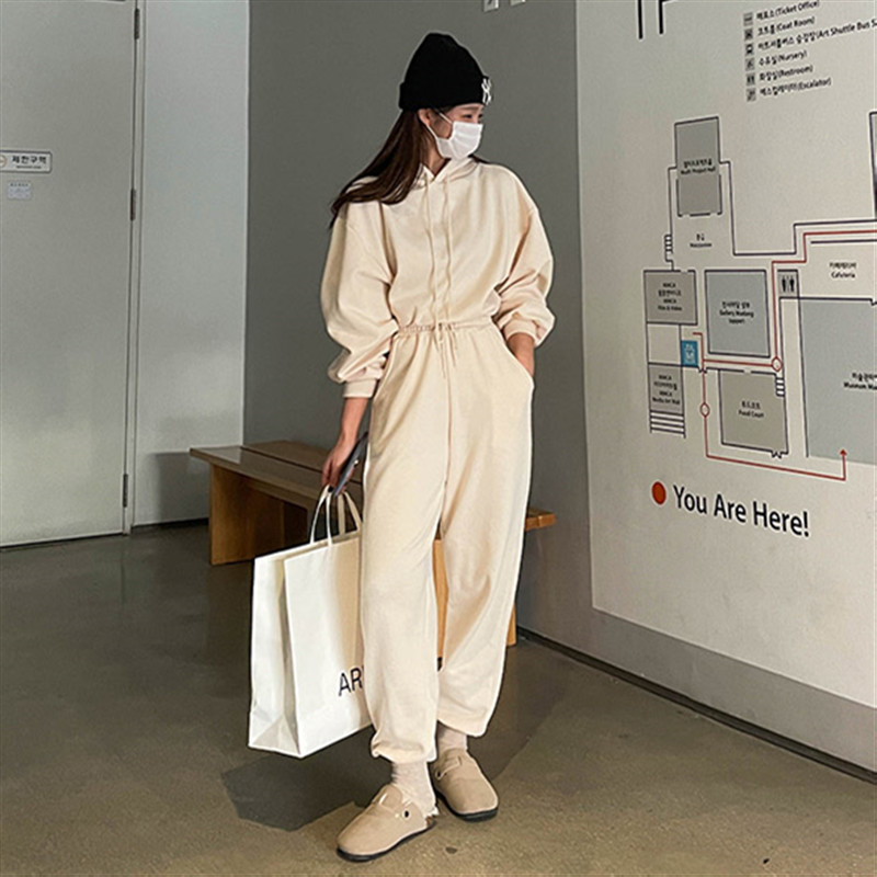 Fleece-Lined Autumn and Winter Korean Style 2026 Spring and Autumn Elegant Sweatshirt and Pants Two-Piece Set Simple Hooded Casual Sports Suit for Women