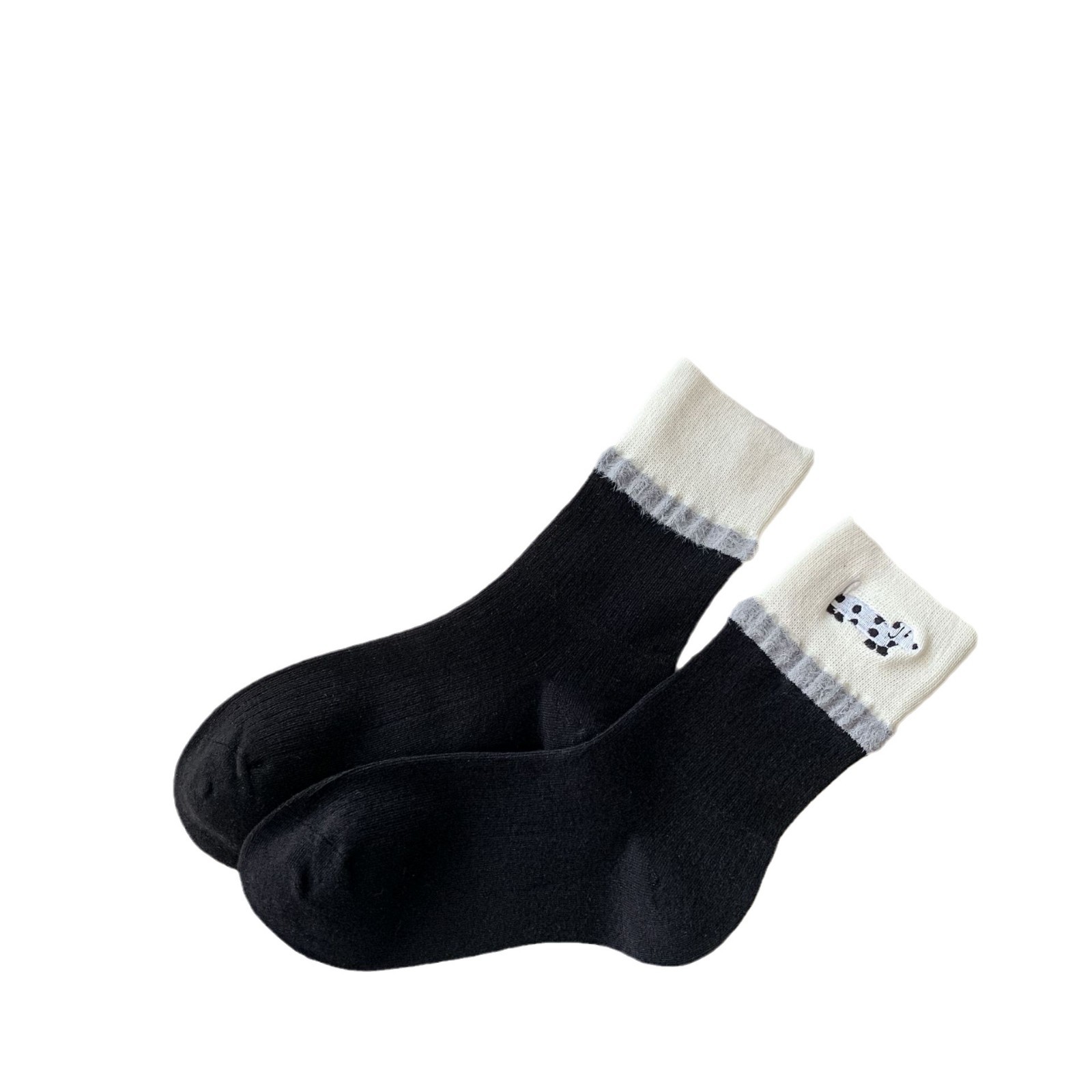 Calcetines de invierno con diseño de perro salchicha, combinación de colores, cálidos y con borde de felpa.