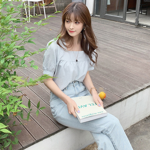 Women's Summer New Arrival Japanese Style Sweet and Youthful Age-Defying Fresh and Versatile Small Checkered Lock Bone Clever Design Top