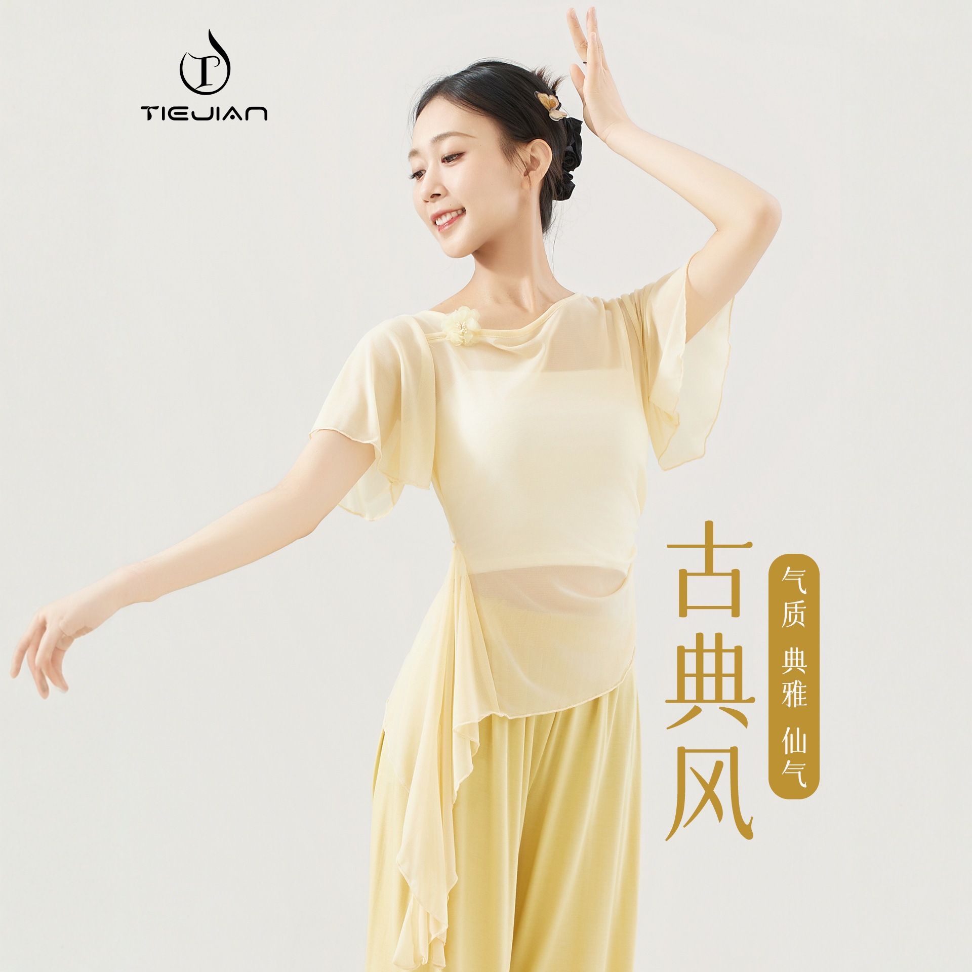 3592 Dance Clothing Classical Female Modern Chinese Body Practice Elastic Mesh Elegant Short-Sleeved Adult Dance Top