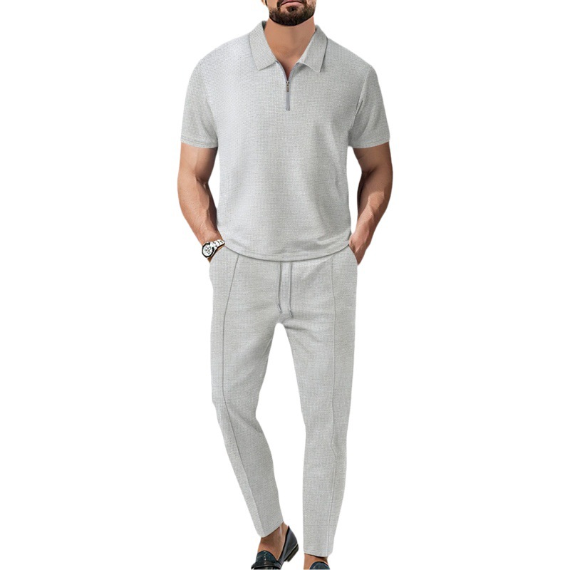 Otoño 2023 nuevo europeo y americano de comercio exterior de los hombres de color sólido traje waffle solapa manga corta cremallera pantalones traje