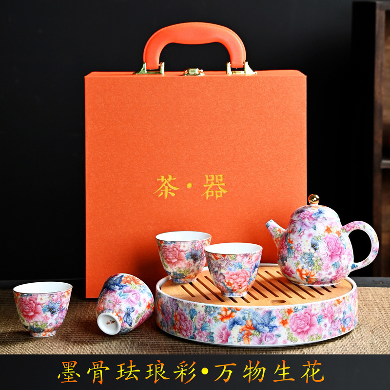 Enamel Color Ink Ancient Wan Flower Pot Grilled Flower and Gold Tracing Travel Tea Set Dry Bubble Plate Household Simple Gift Set Enamel Color Ink Ancient Wan Flower Pot Grilled Flower and Gold Tracing Travel Tea Set Dry Bubble Plate Household Simple Gift Set