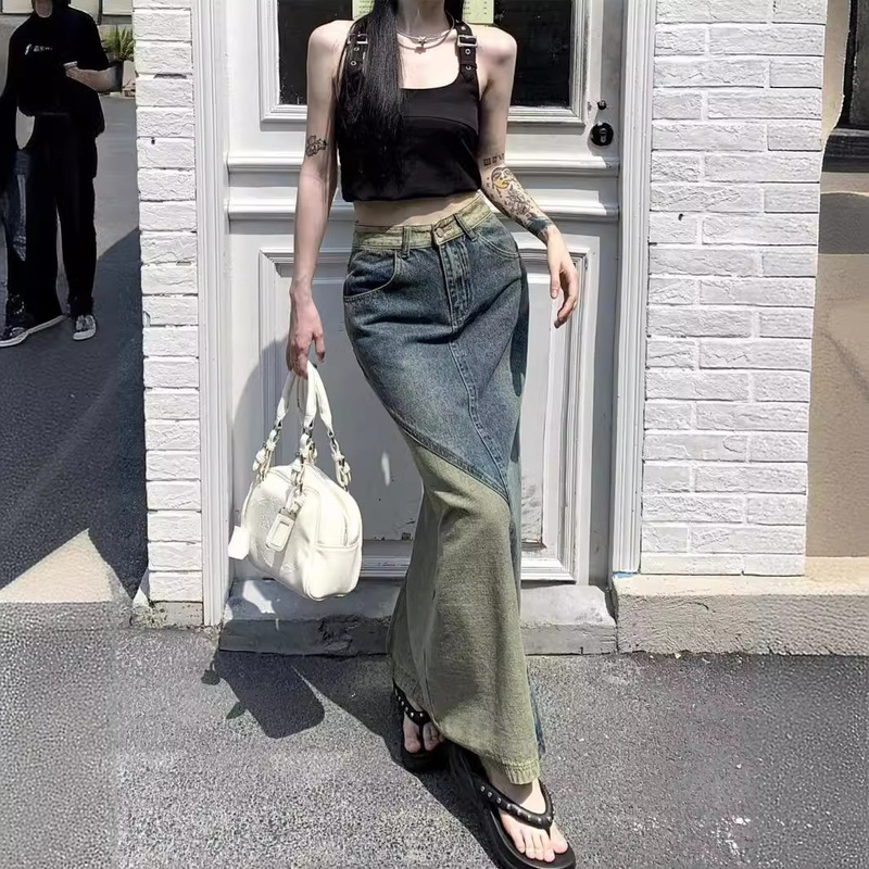 Vintage Contrast Color Washed Denim Skirt Women's High Waist Slimming Hip Skirt Summer Design Sense Trendy Mid-length Skirt