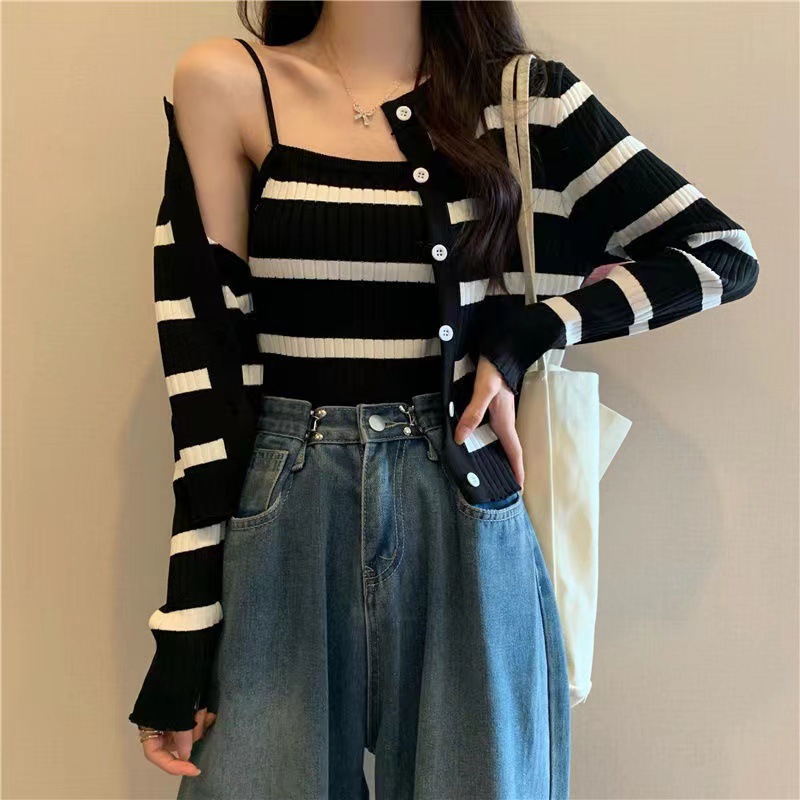 81g Weight Long Sleeve Sleeve Length Single Breasted Placket Type Ice Silk, Polyester Fabric Type Short Top Length Knitwear Tops Type Daily Occasion Round Neck Neckline Slim Fit Type Stripe Pattern Spring, Autumn Season Women's Gender Casual Style Wholesale Women's Ice Silk Polyester Casual Stripe Long Sleeve Sweaters & Cardigans 7