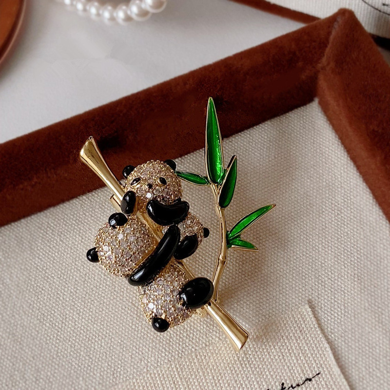 New Chinese-Style Double Panda Bamboo Brooch, National Style Enamel Bamboo Animal Pin, Suit and Qipao Brooch Accessory