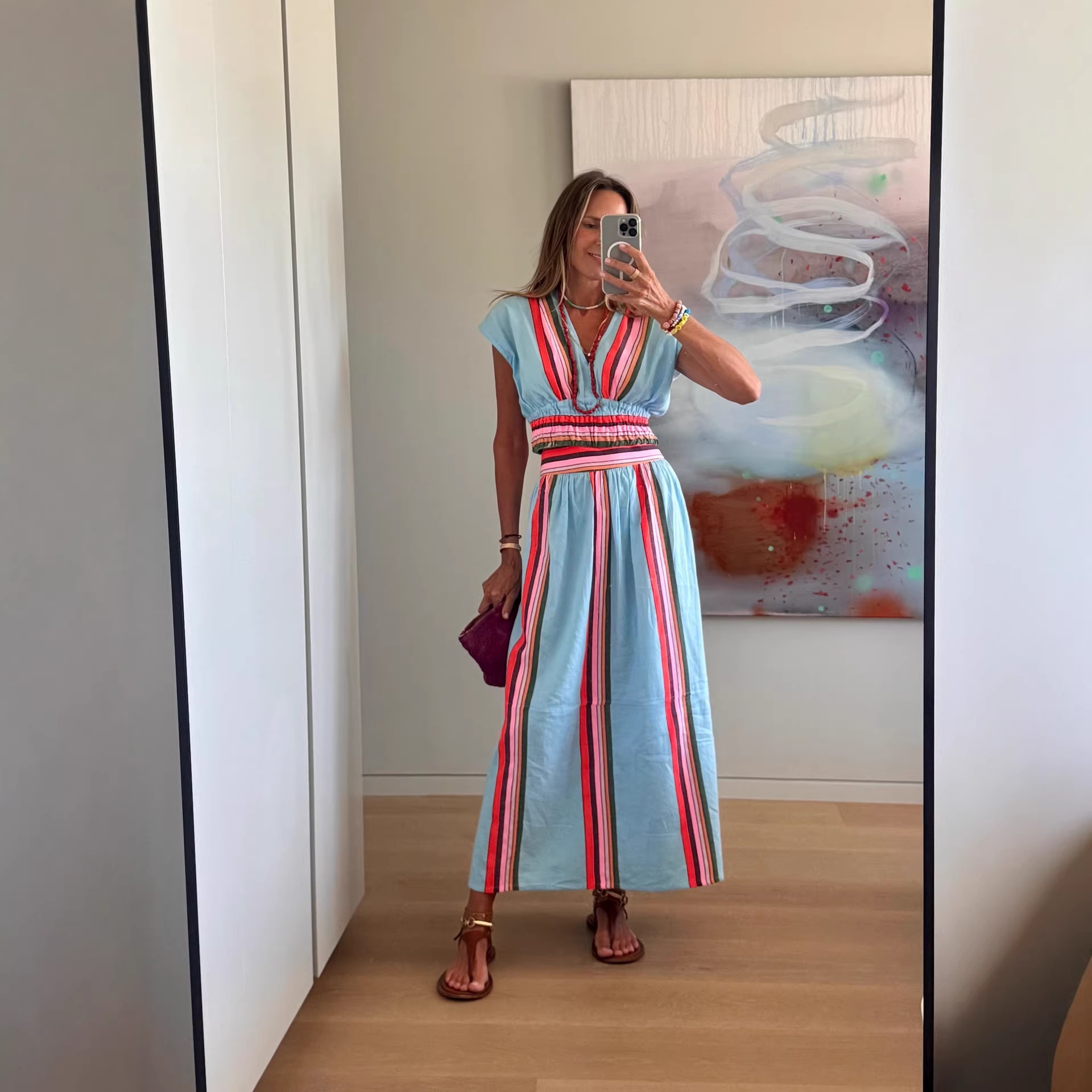 2026 Cross-border European And American Summer Striped Print Casual Fashion V-neck Waist-cinching Skirt Ins-style Set_ecoleips.com