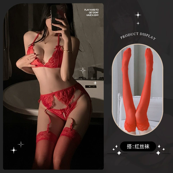 Red set, bra, underwear, tights, 4 piece set