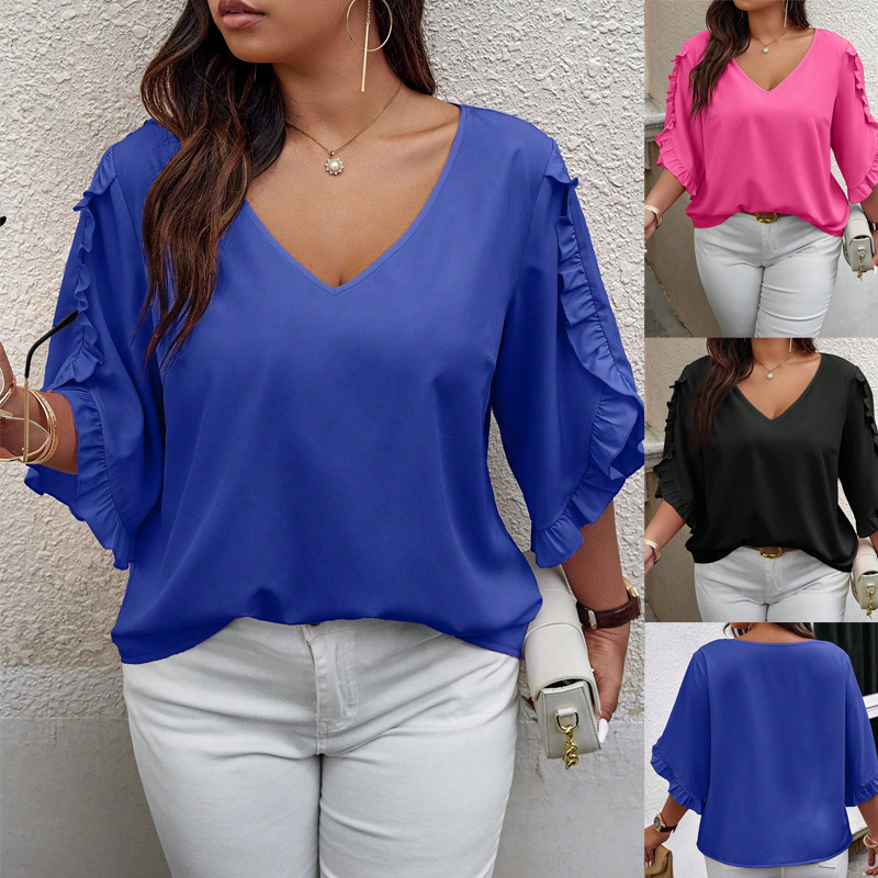 plus size 2025 Europe and the United States cross-border foreign trade new loose V-collar lotus sleeve solid color lace sleeve T-shirt women