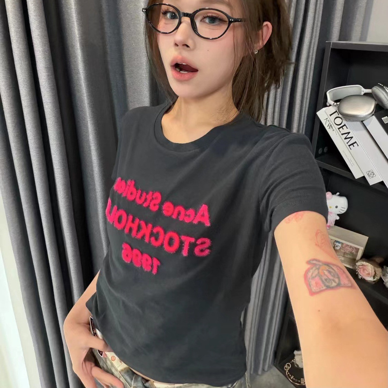 26 Early Spring Ac* New Year Limited Edition Plush Contrast Color Classic Letter Flocking Slim Fit Short Sleeve T-Shirt Unisex