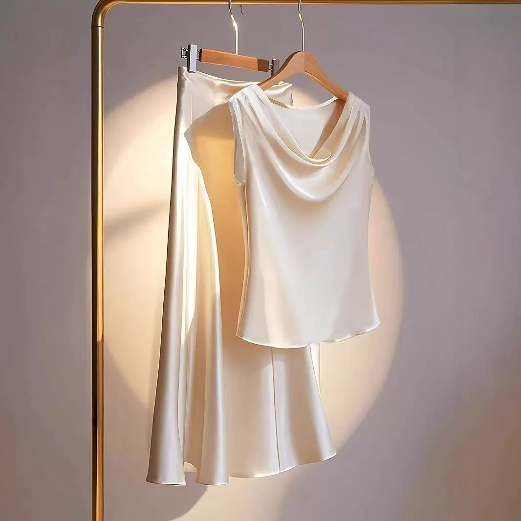 法式高级感缎面礼服纯色无袖荡领上衣松紧腰两侧收褶半身裙套装