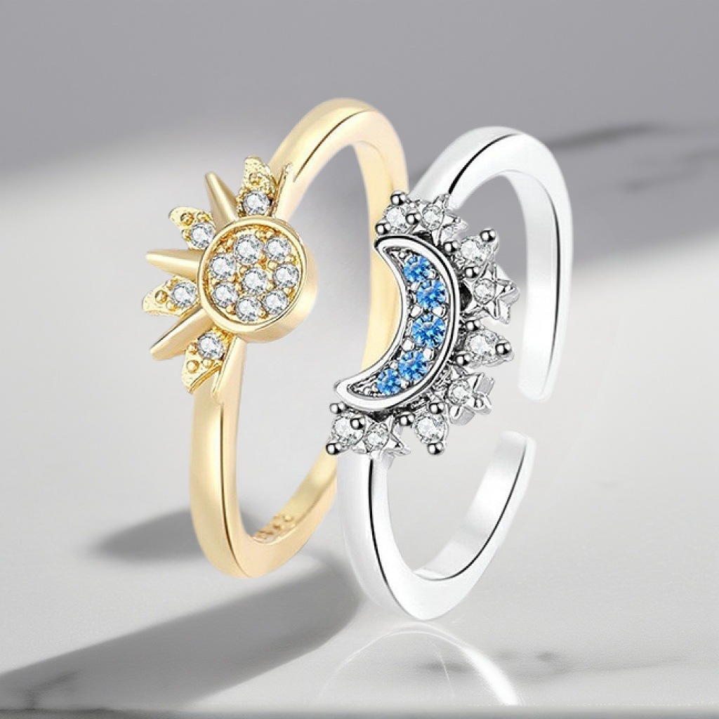 European and American Cross-Border Personalized Simple Design Sun and Moon Stacked Rings for Women with Diamonds Sun and Moon Couple Rings