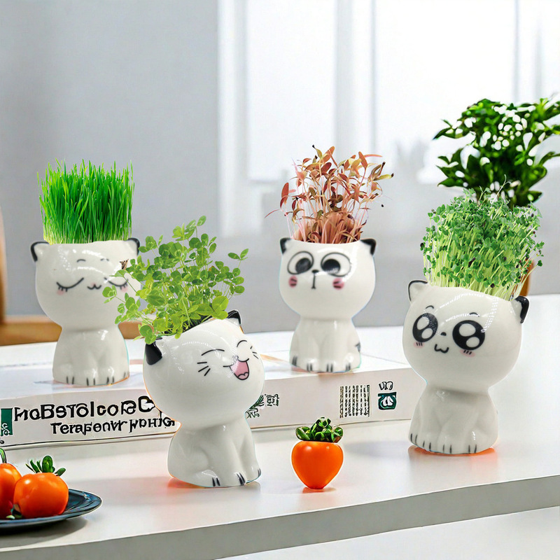 Cross-Border Cat-Themed Small Potted Indoor Desk Grass Doll DIY Creative Mini Green Plant Gift