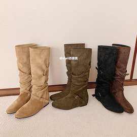 牛皮版本韩系显瘦韩版圆尖头皮带扣平底绒面内增高堆堆靴中筒靴女