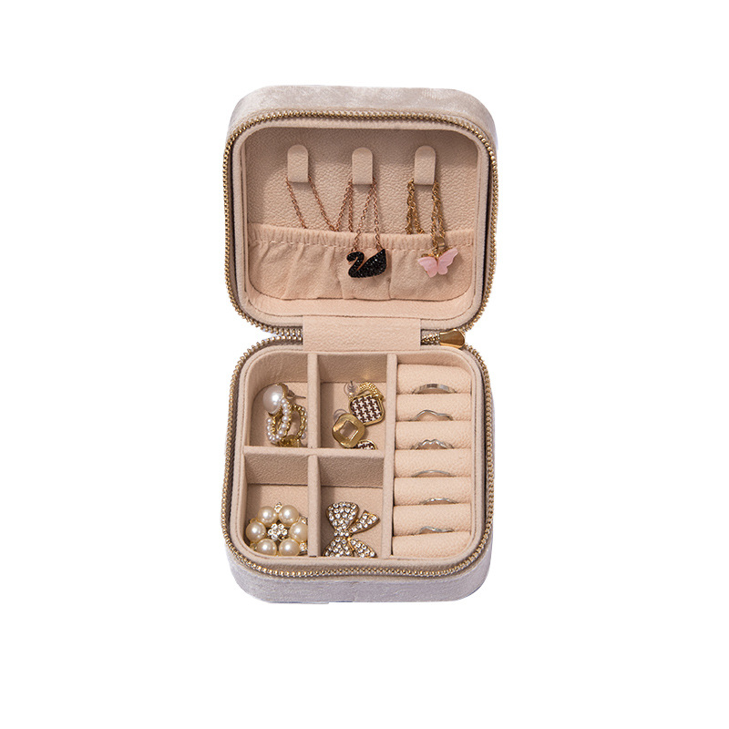 En stock pequeño portátil de una sola capa de franela de cremallera caja de joyería de viaje collar anillo caja de almacenamiento bolsa de joyería