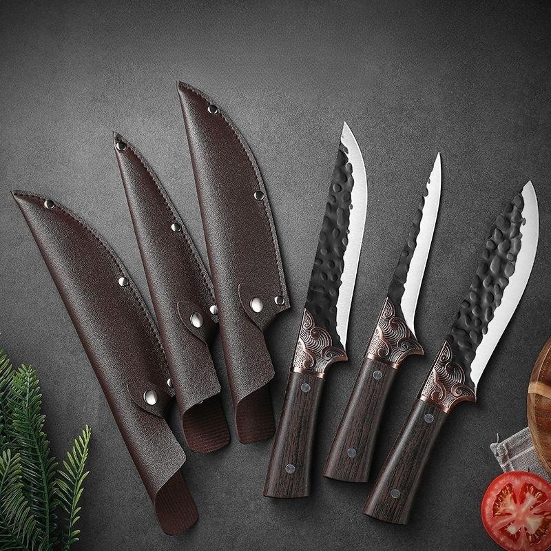 Inventario al por mayor de acero inoxidable corte de verduras forjando herramientas conjuntos de tres piezas cuchillo de corte de carne cuchillo de corte de hueso conjunto