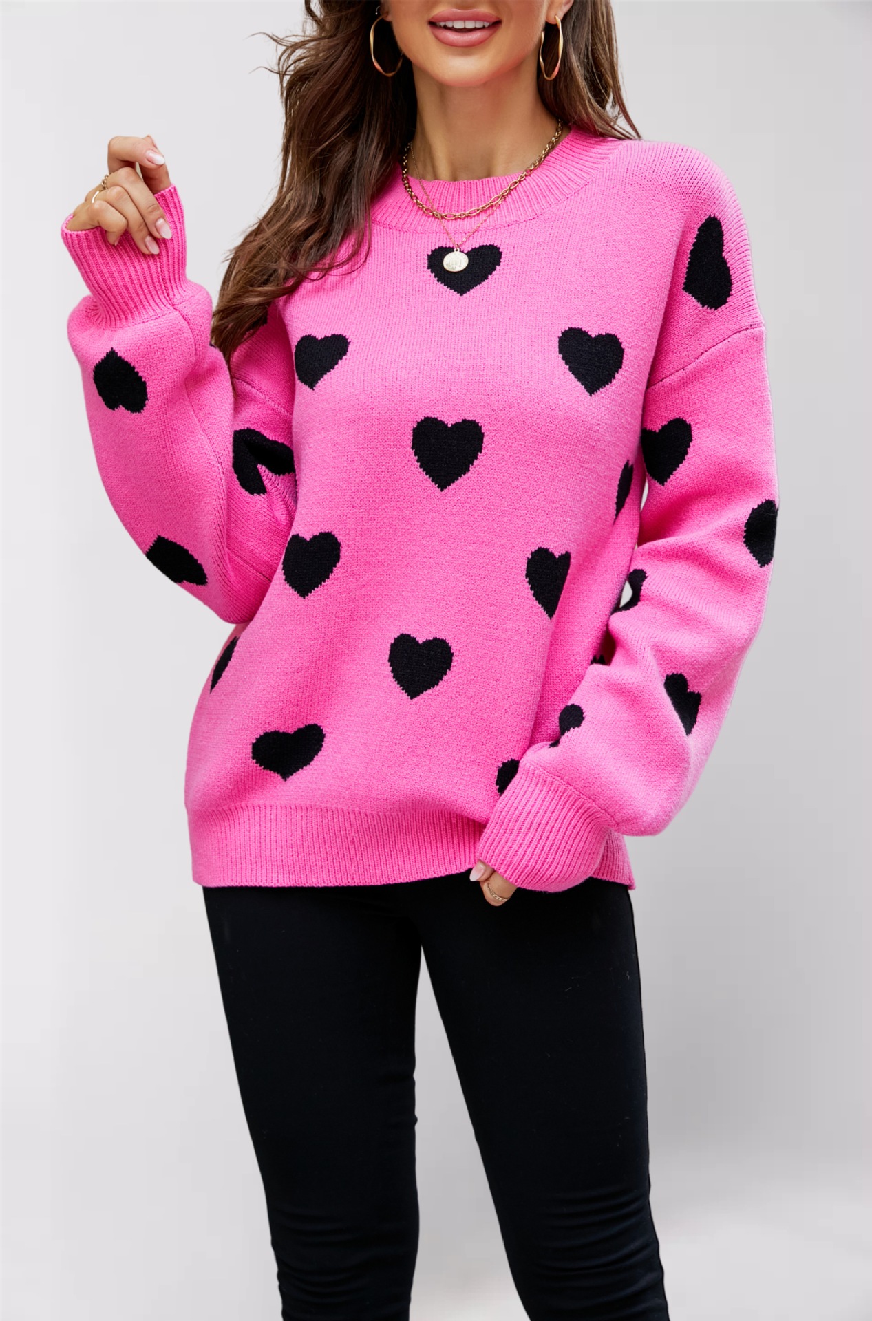 Suéter de Punto para Mujer, Diseño de Corazón para el Día de San Valentín, Estilo Europeo y Americano, Invierno 2025, Talla Grande, Holgado, Transfronterizo