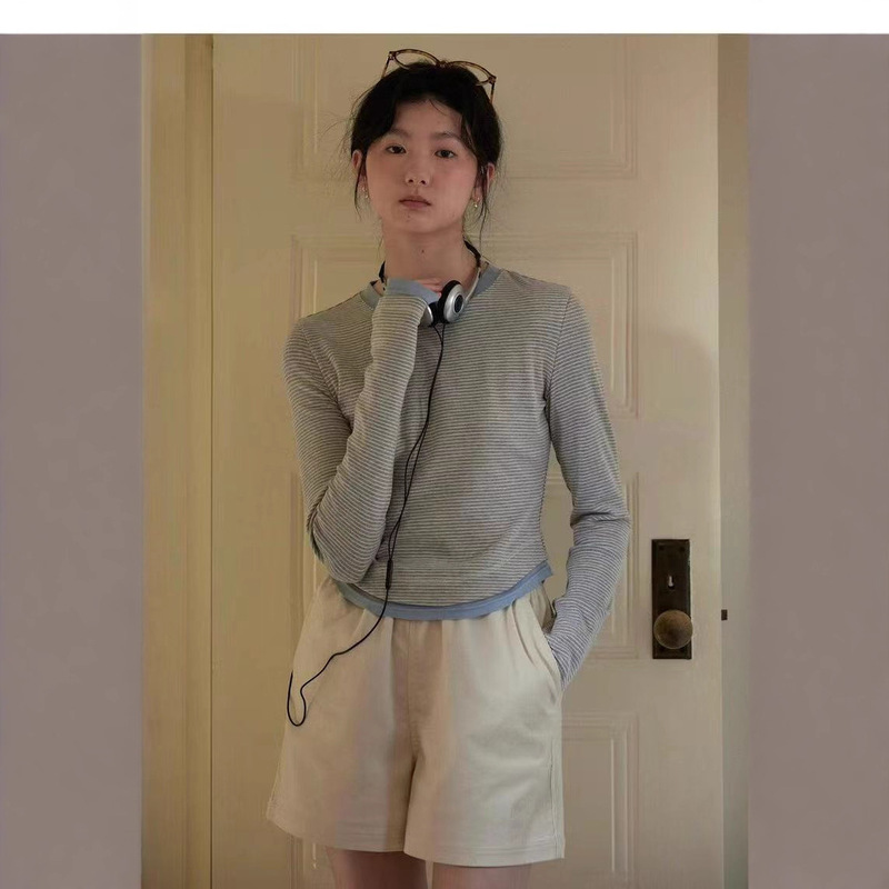 复古百搭领口撞色拼接假两件条纹长袖T恤女修身显瘦短款打底衫秋|undefined