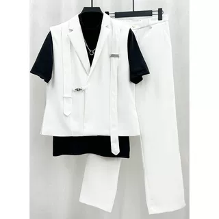 金步康黑色痞帅两侧开叉飘带西装马甲套装男外搭韩版宽松西服两件