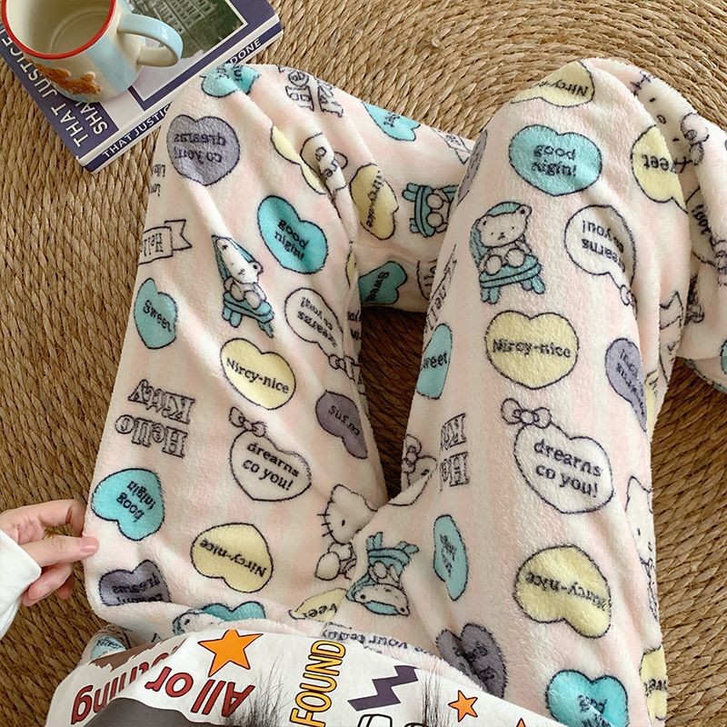 Pantalones de pijama de franela de dibujos animados de otoño y invierno para mujeres con pantalones de lana de coral caliente para estudiantes de lana de invierno para el hogar