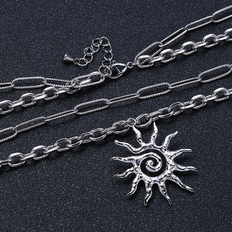 Casual, Daily, Street Occasion 667 Stainless Steel Material Retro Sun 667 Stainless Steel Unisex Double Layer Necklaces Men Layered Necklaces