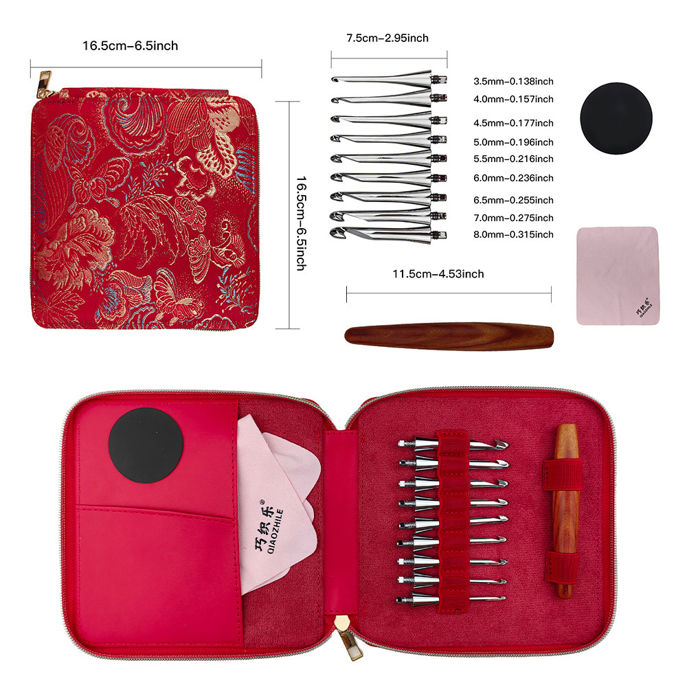 Herramienta de tejido transfronterizo Mango de sándalo rojo Mango de crochet extraíble Mango de ergonomía Juego de crochet extraíble No. 9