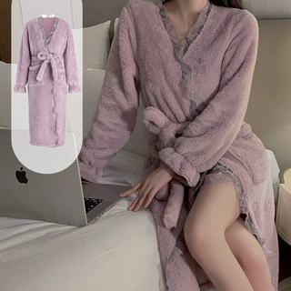 瑰若缎面舒适系带睡裙甜美蕾丝法兰绒拼接加厚外袍家居套装P3003