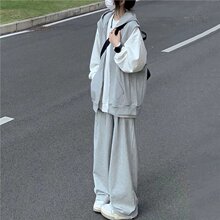 单/套装秋季拉链马甲连帽外套女学院风卫衣+宽松显瘦阔腿裤三件套