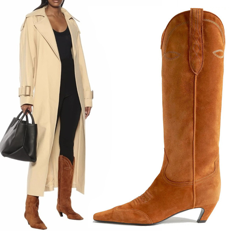 European and American Foreign Trade Square-Toe V-Mouth Studded Cat Heel Patchwork Knee-High Western Boots High-Heeled Large-Size Slip-On Knee-High Boots for Women