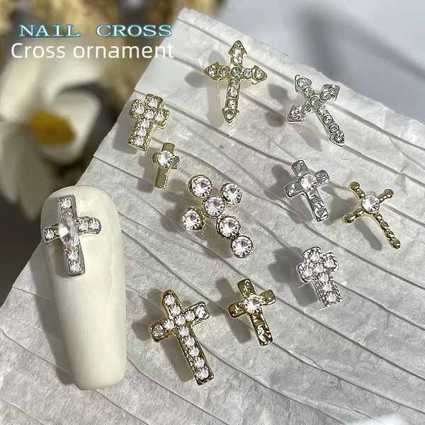 Cross-Border Alloy Cross Nail Art Accessories, Simple Design with Gold and Silver Cross Nail Decorations Zs-1218