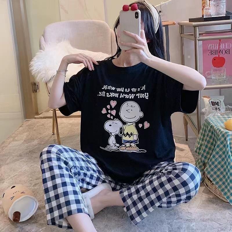 2025 pijamas de mangas cortas de mujer pantalones largos de verano delgados dibujos animados casuales lindos ropa de casa de viento rojo se puede usar fuera