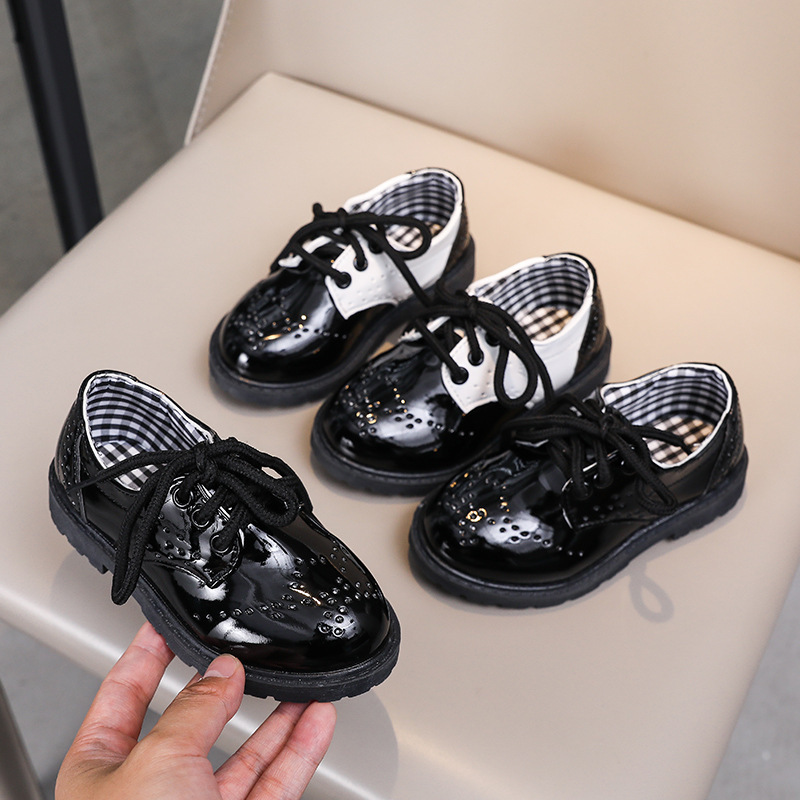 Boys Single Shoes Children's Black and White Leather Shoes Students British Style Casual Shoes Flower Children's Suit Dress Performance Leather Shoes