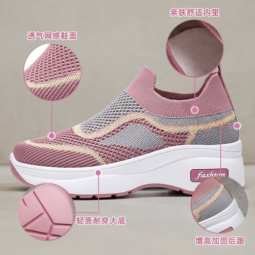 Mesh shoes thick-soled casual style women's shoes manufacturer wholesale drop-shipping height-increasing shoes spring new style fly-knit breathable mother's shoes