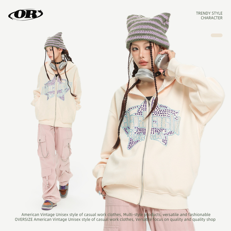 Oreeta丨American-Style Heavy-Duty Star-Studded Rhinestone Hooded Sweatshirt Trendy Casual Jacket Clearance Sale No Returns or Exchanges