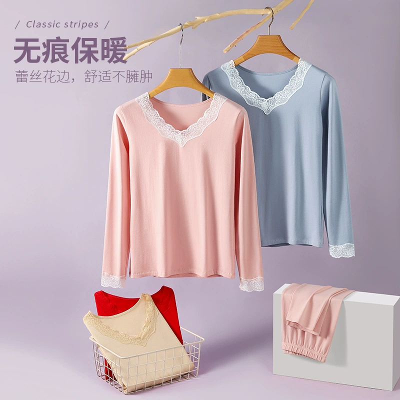 Осенний и зимний хлопчатобумажный кружевной осенний костюм для женщин комплект термобелья большой размер