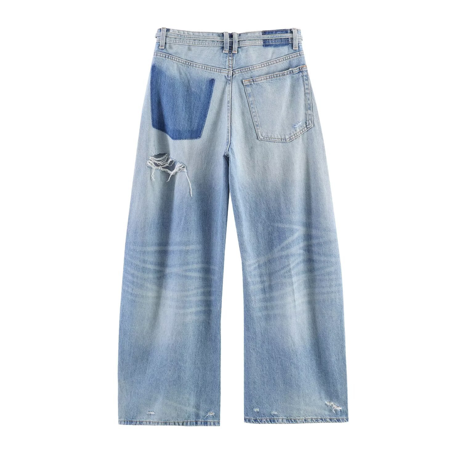Women's Distressed Mid-Rise Relaxed Fit Wide-Leg Jeans, Ripped Denim Pants For Casual Street Style Comfortable Mid-Rise Relaxed Waistband_ecoleips.com
