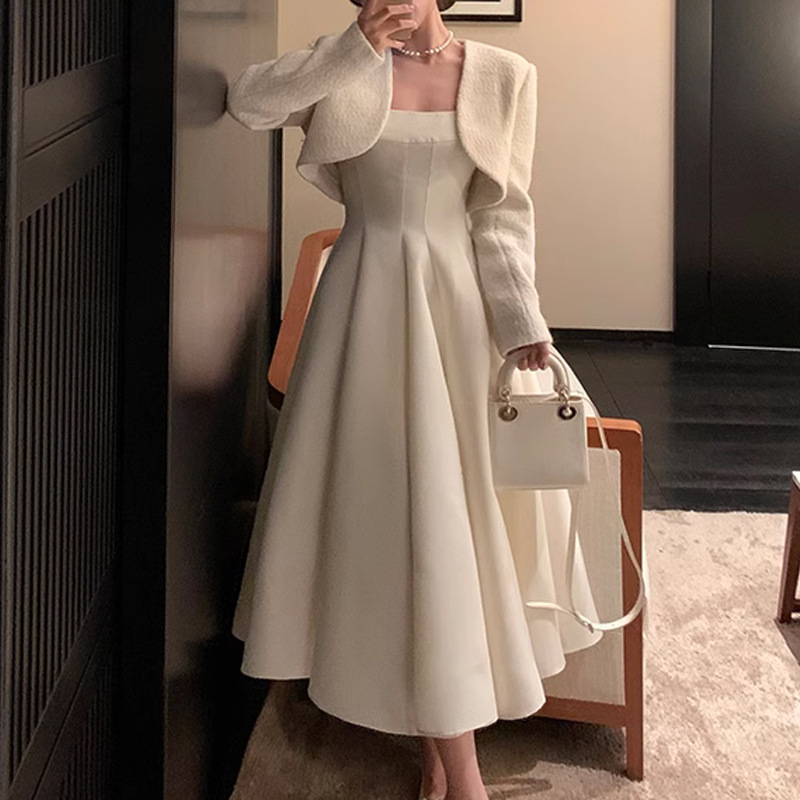 千金小香！收藏款羊毛小香女秋冬短款圆弧领外套吊带连衣裙礼服裙|undefined
