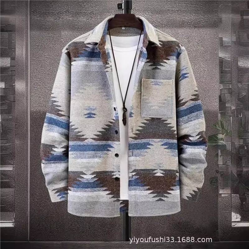 통근 자켓 싱글 칼라 2023 아마존 새로운 기하학적 피겨 버클 남성 유럽과 미국의 가을 겨울 울 자카드 남성복