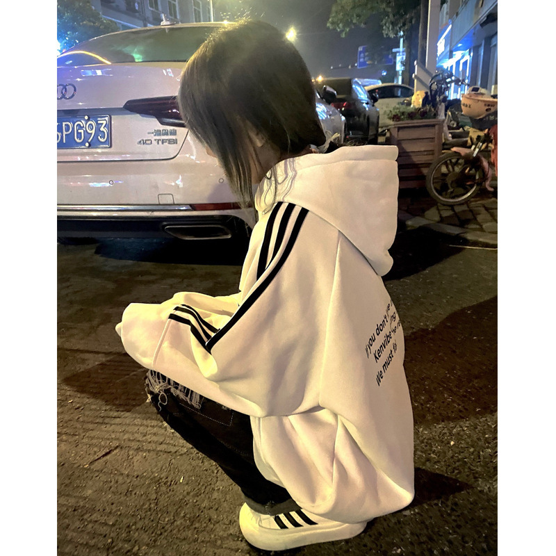国潮牌2025早秋白色卫衣女春秋薄款新款美式拼接三条杆连帽oversi|undefined