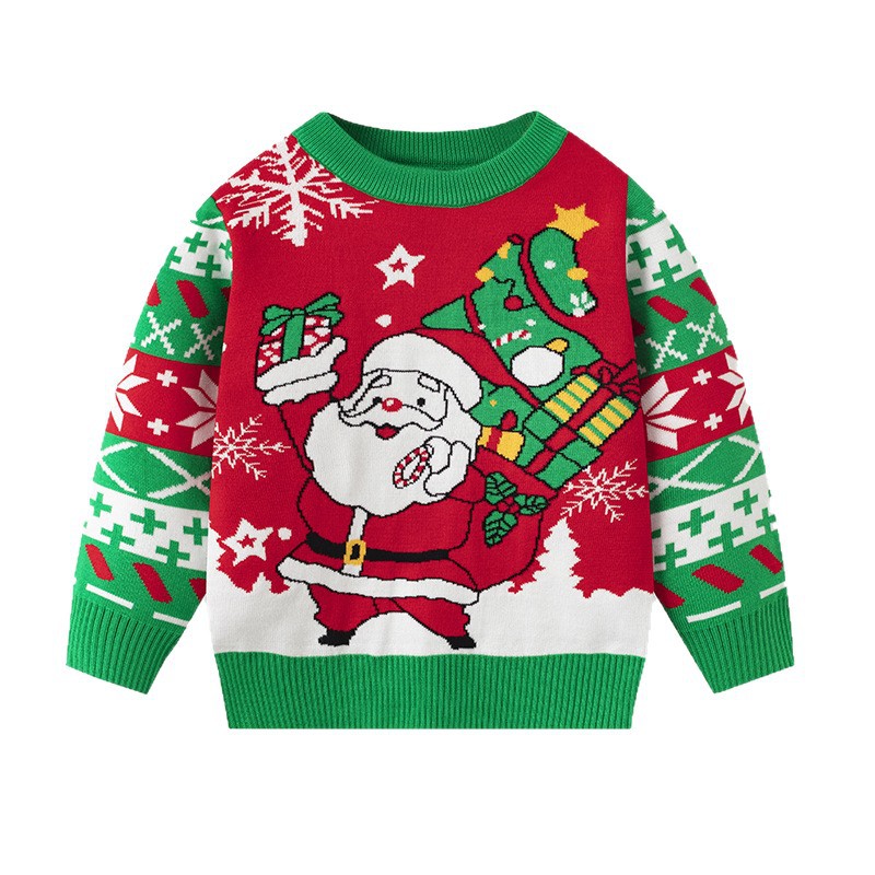 Fábrica de origen Europa y Estados Unidos ropa infantil transfronteriza otoño y invierno Santa Claus Jacquard suéter de cuello redondo para hombres y mujeres camisas de punto