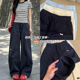 藏青色刺绣运动阔腿裤女夏季2026新款薄款垂感直筒美式速干工装裤