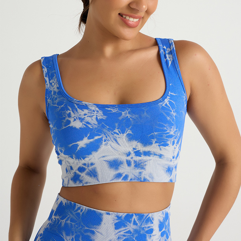 Nuevo traje de yoga de secado rápido de cadera deportivo de cintura alta sin costuras europeo y americano de tres piezas pantalones de yoga de teñido ajustado para mujer