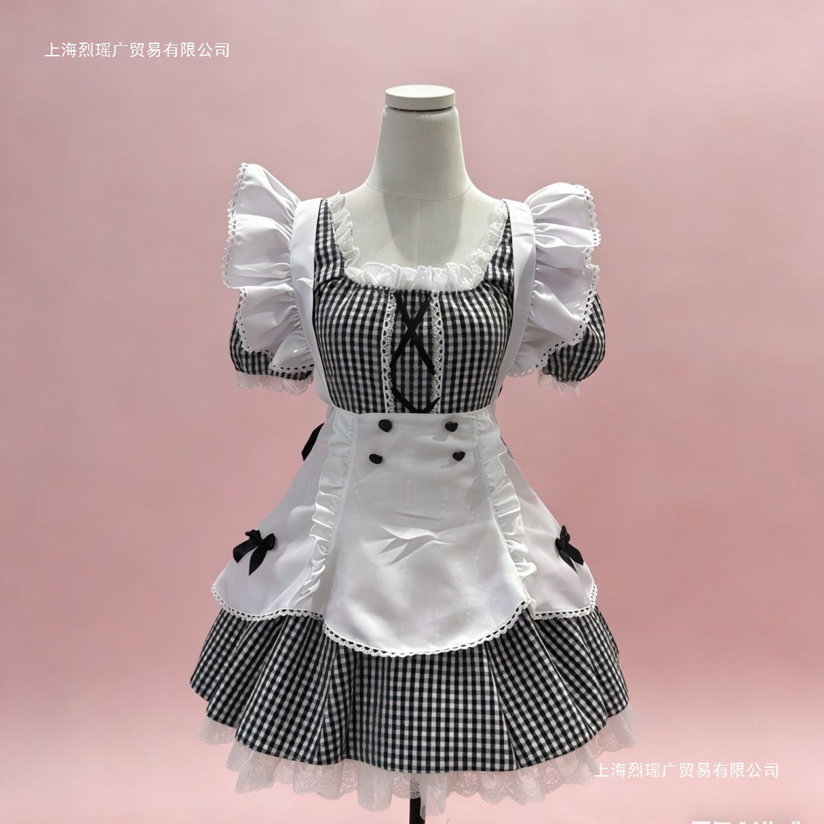 Black and pink plaid maid outfit, Japanese cute puff sleeve apron, plus size for plus-size women, slimming Lolita dress, niche style